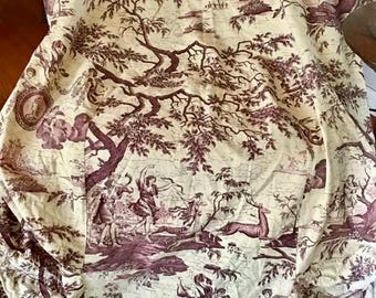 Vintage French Diana the Huntress Toile Cotton Fabric Settee Lg Chair Cover or Repurpose ~ Eggplant Aubergine Purple Soft Cream
