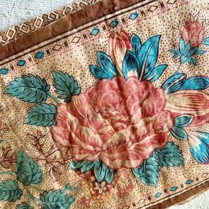Antique Early 19th Century 1820 1830 Roses Floral Cotton Chintz Fabric Border Fragment ~ As Found ~ Coral Teal Blue Green Brown ~