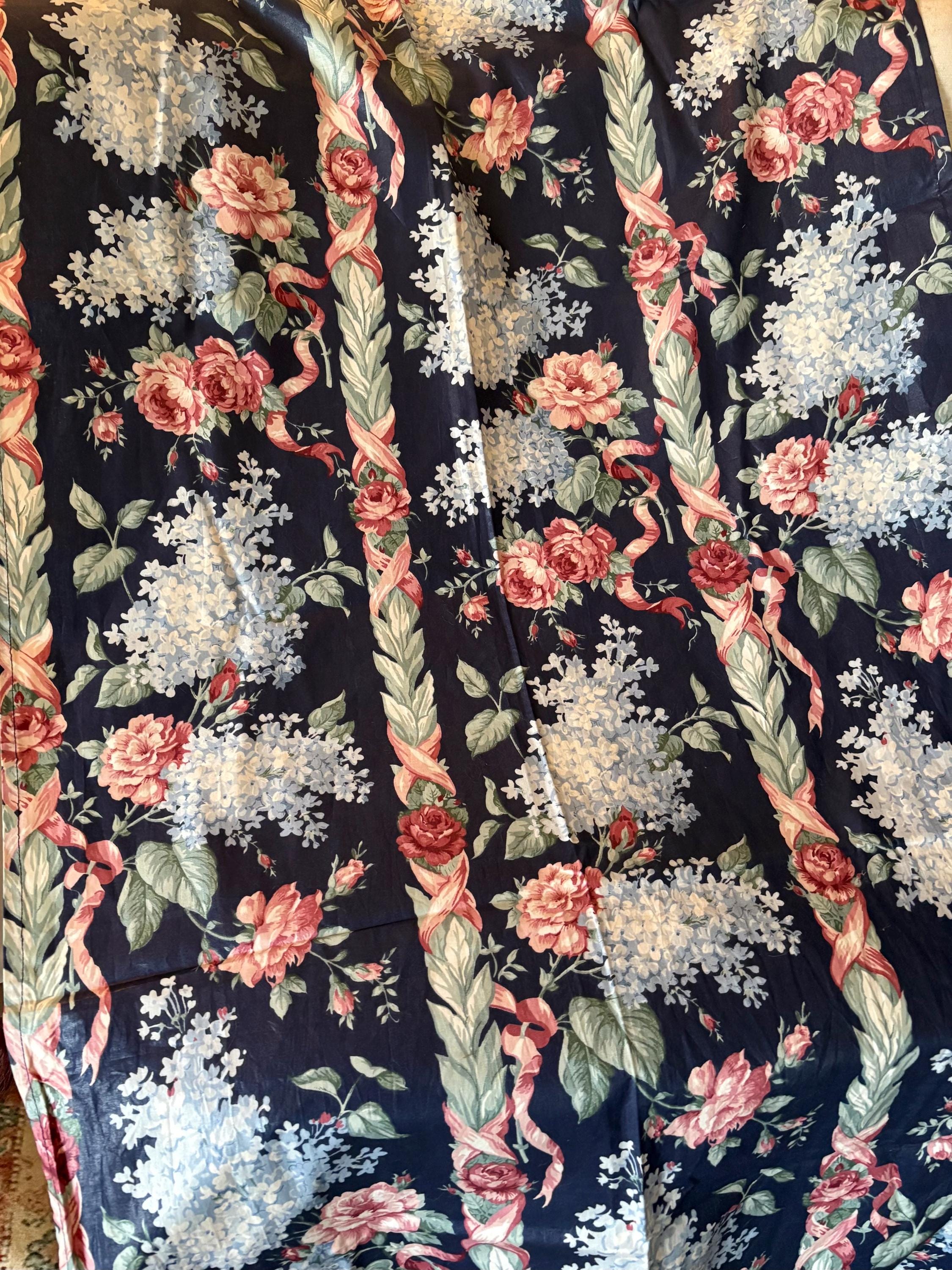 Vintage Floral Roses Lilac Ribbons Polished Cotton Chintz Fabric