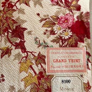 Amostra de tecido de algodão floral botânico francês antigo, margaridas, rosas, hera ~ marrom, verde-oliva, ocre, amarelo, água, vermelho, rosa ~ Scheurer Rott