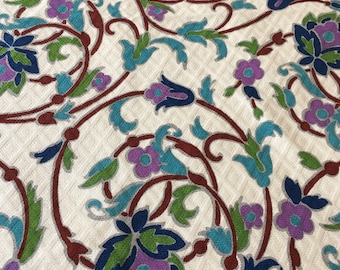 Vintage Retro French Mod Floral Textured Cotton Interiors Fabric ~Purple Turquoise Blue Green White~Retro Pillow Curtain Upholstery Textile