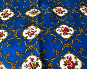 Vintage French Provincial Mid Century Floral Interiors Cotton Fabric ~ Royal Blue Red Pink Green Gold ~ Urge Paris