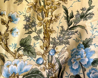 Beautiful Retro Chinoiserie Tree of Life Floral Interiors Fabric Remnant ~ Blue Yellow Green Sage Gray Brown ~