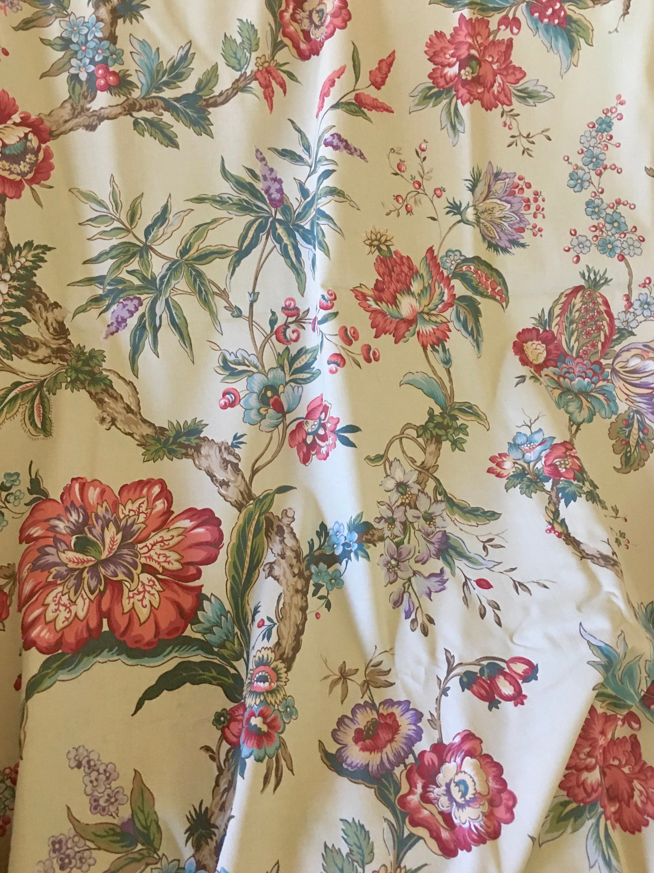Gorgeous Vintage French Indienne Floral Pomegranate Interiors Fabric ~ Coral Blue Green Lavender Cream ~Urge Paris~Curtain Pillow Upholstery