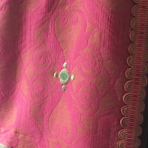 One Stunning Unique Antique Arts & Crafts Lg. Geometric Medallion Wool Linen Fabric Curtain Drape ~Red Persimmon Orange Green Metallic Gold