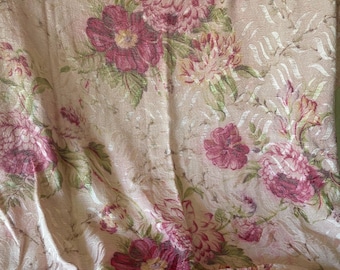 One Beautiful Antique Circa 1940s Floral  Rayon Fabric Curtain~ Pink Green ~ Cottage Chic Barkcloth Era ~ 2 Available