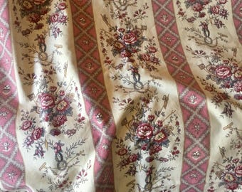 Antique French Country Circa 1900 Floral Stripe Cotton Linen Interiors Fabric ~ Garden Floral ~ Plum Rose Pink Gray Blue Bordeaux ~by 1/2 YD