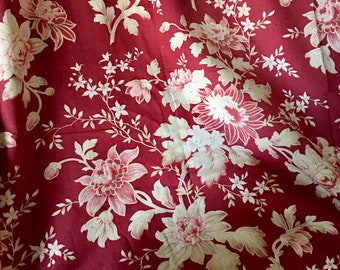 Beautiful Antique French Floral Chrysanthemum Mum Flower Cotton Fabric #1 ~ Bordeaux Red Rose Soft Ochre Brown~ Chinoiserie French Chic