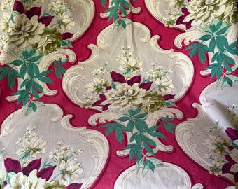 Beautiful Antique Vintage Cottage Floral Cartouche Cotton Fabric ~ 1930’s 1940’s Barkcloth Era ~ Magenta Pink Teal Olive Green Aqua Gray