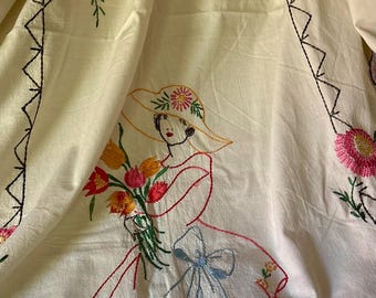 Gorgeous Antique 1920’s Figural Lady Hat Bouquet Embroidered Vogart Cotton Fabric Bed Cover ~ Pink Blue Yellow Green ~ Bed Curtain Wall