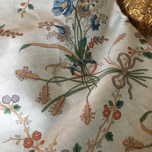 Beautiful Unused Antique French Meadow Floral Poppy Garland Cotton Linen Fabric ~ Blue Green Wheat ~ Toile Malmaison