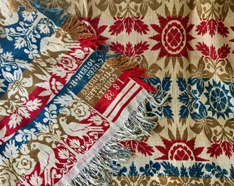 Antique Historic Jacquard Coverlet Blanket ~ Loom Woven ~ Joseph Cassel Lancaster County PA 1858~ Indigo Blue Red Brown