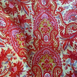 Vintage Retro 60’s Floral Paisley Polished Cotton Chintz Ineriors Fabric ~ Beautiful Vibrant Colors ~ Red Coral Pink Mustard Yellow Blue