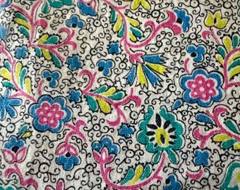 Antique Vintage Small Scale Calico Floral Cotton Fabric ~ Pink Yellow Teal Blue ~ Dolls Quilts