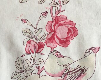 Gorgeous Antique Hand Made French Floral Bird Cotton Fabric Cover  ~ Pink Lavender~ Lovely Red Trim ~ Table Cover Curtain Wall  Bed Piece ?