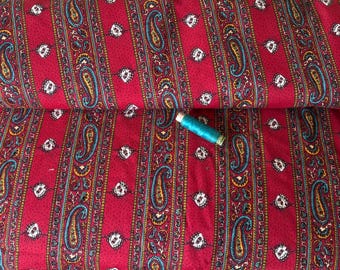 Vintage Valdrome French Country Indienne Paisley Stripe Floral Cotton Fabric ~ Red Blue Yellow ~ Printed in France