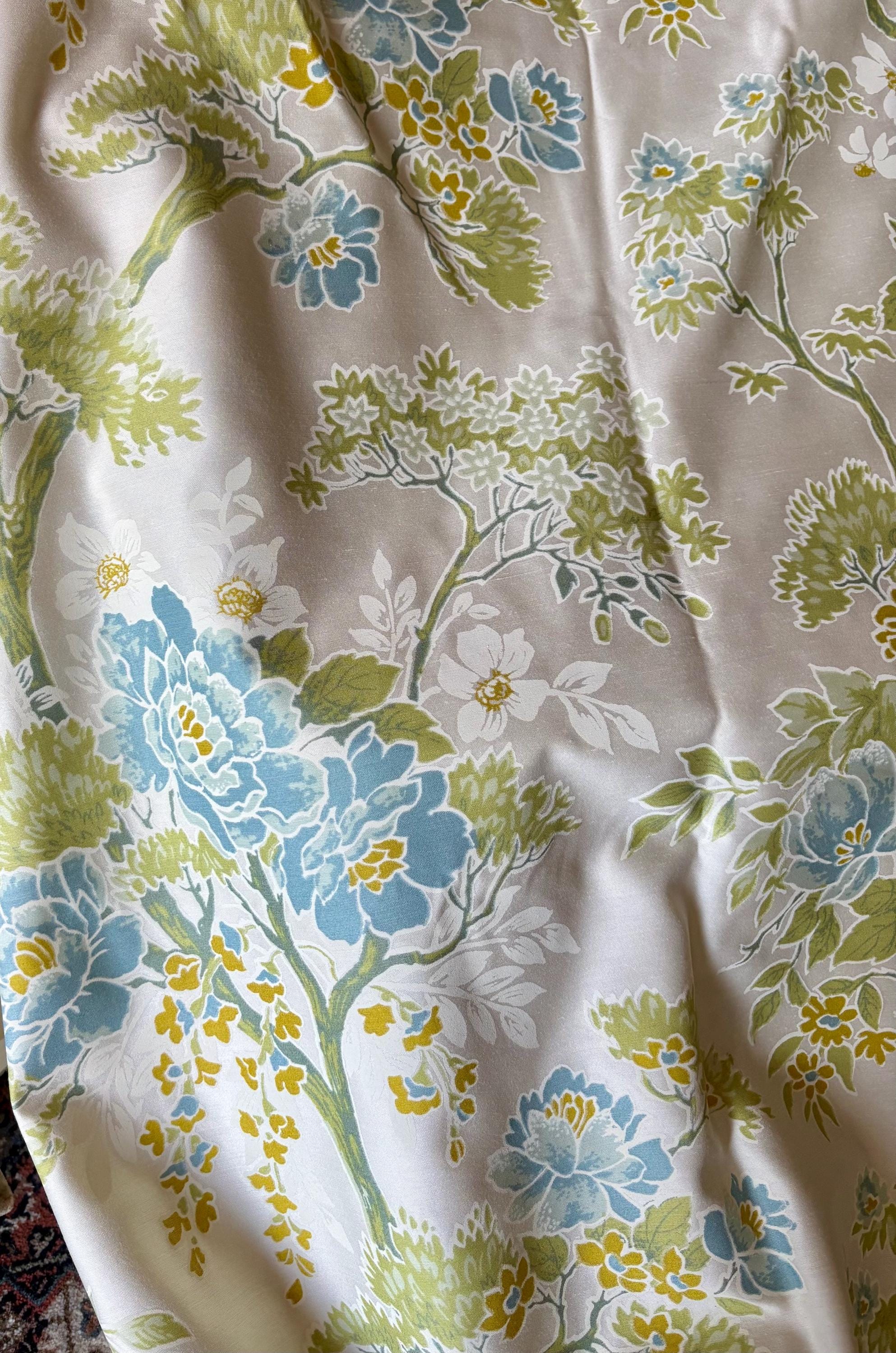 Beautiful Retro 1960s Chinoiserie Tree of Life Floral Interiors Fabric Textile ~ Blue Yellow Green on Off White ~ Shantung Texture