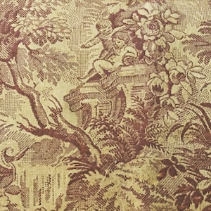 Antique French Fine Wool & Cotton Woven Tapestry Jacquard Fabric ~ Botanical Scenic Cherub ~ Ochre Yellow Brown