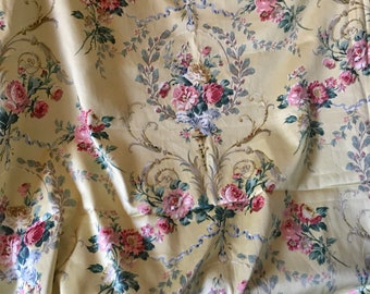 Beautiful Vintage French Roses Floral Garland Cotton Interiors Fabric ~ Rose Pink Blue Green on soft Yellow ~ French Country House Textile