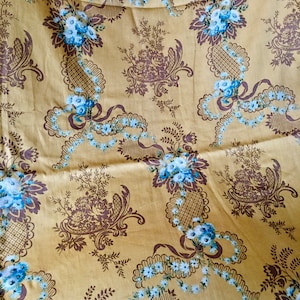Beautiful Vintage French Floral Garland Interiors Cotton Fabric ~ Ochre Tan Blue Green Brown ~ Circa 1900 Antique Design