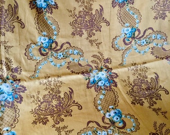 Beautiful Vintage French Floral Garland Interiors Cotton Fabric ~ Ochre Tan Blue Green Brown ~ Circa 1900 Antique Design