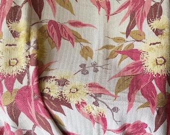Beautiful Antique 1930s 1940s Unique Floral Herringbone Weave Cotton Rayon Fabric Curtain ~ Apricot Coral Yellow Brown Gray ~ Barkcloth Era