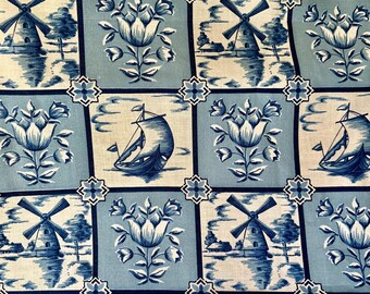 Charming Vintage French Delft Tile Design Cotton Fabric ~ Blue White