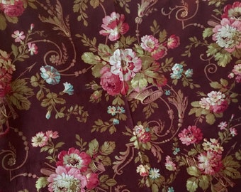 Beautiful Antique 19th Century French Floral Roses Basket Cotton Fabric ~ Pink Blue Raisin ~ French Country Cottage