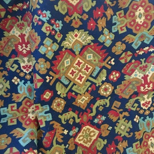 Antique French 19th Century Geomtric Kilim Inspired Interiors Cotton Cretonne Fabric ~Red Dk Blue Green Caramel  ~ French Interiors Textile