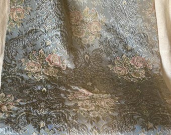 Gorgeous Antique Vintage French or English Floral Roses Carved Satin Brocade Jacquard Fabric #1 ~ Time Softened Blue Apricot Pink Green