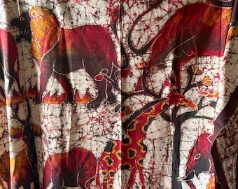 Vintage Tribal Animals Batik Cotton Large Panel ~ Burnished Red Yellow Brown ~ Elephant Antelope Lion Buffalo ~ African Textile Art Boho