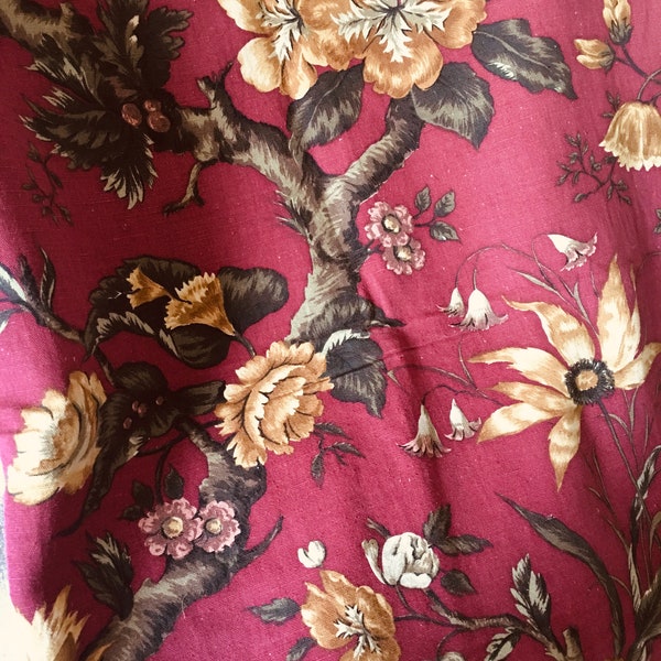 Beautiful Vintage Retro Mid Century French Tree of Life Indienne Bold Large Floral Interiors Fabric ~ Bordeaux Burgundy Red Olive Mustard ~