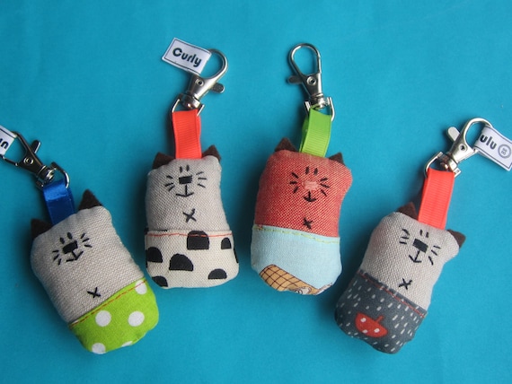 Hand sewn key ring or bag charm cat
