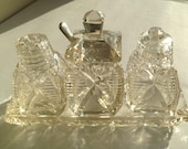 Vintage Edwardian Cut Glass Cruet Set with solid silver spoon