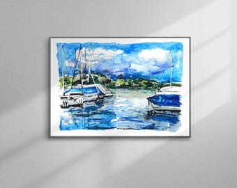 Greifensee Watercolor Print, Swiss Lake Wall Art, Sailboat Landscape, Lake View Illustration, Digital Download