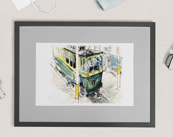 Swiss Tram Print, Zurich Tram Wall Art, Watercolor City Sketch, Switzerland Travel Decor, Printable Urban Illustration, Digital Download