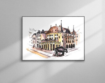 Neuchâtel Switzerland Print, Watercolor Cityscape, Swiss Architecture Wall Art, Travel Printable, Digital Download