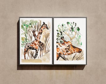 Watercolor Giraffe Print Set: Safari Nursery Art (Digital Download)