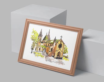 Neuchâtel Switzerland Watercolor Print, Collégiale de Neuchâtel Wall Art, Swiss Architecture, European Cityscape, Digital Download