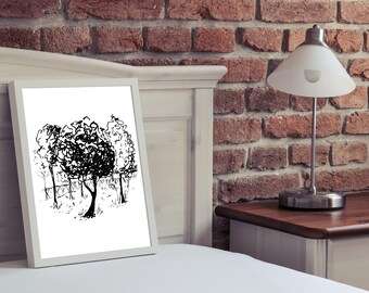 Black and White Tree Print, Minimalist Ink Drawing, Modern Woodland Wall Art, Digital Download