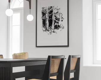 Black and White Forest Ink Sketch Print, Minimalist Woodland Wall Art (Digital Download)