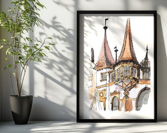 Neuchâtel Watercolor Print, Swiss Architecture Wall Art, Historic European Building, Travel Sketch, Digital Download