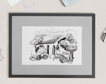 Black and White Cottage Sketch Print, Minimalist House Wall Art, Architectural Ink Drawing, Modern Farmhouse Decor, Digital Download