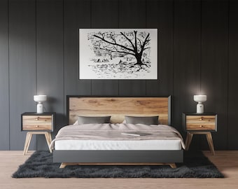 Black and White Tree Ink Drawing, Minimalist Park Landscape Print (Digital Download)