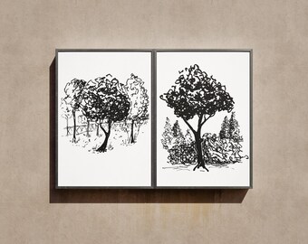 Black and White Tree Print Set, Minimalist Ink Landscape (Digital Download)