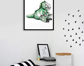 Watercolor Dinosaur Nursery Print, Green Dino Poster, Kids Room Decor (Digital Download)