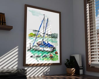 Lake Watercolor Print, Sailboat Wall Art, Swiss Lake Landscape, Coastal Watercolor Illustration, Digital Download