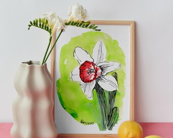 Watercolor Daffodil Print, Botanical Flower Wall Art, Narcissus Illustration, Spring Floral Decor, Digital Download