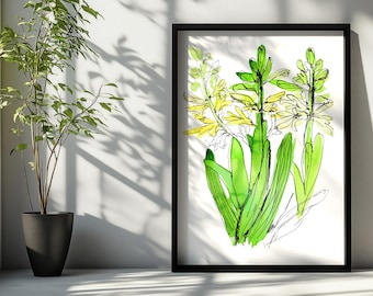 Botanical Watercolor Print Set of 2, Hyacinth Floral Wall Art, Green Botanical Prints, Printable Wall Decor, Digital Download