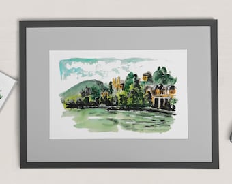 Neuchâtel Lakeside Watercolor Print, Swiss Landscape Wall Art, Lake Neuchâtel Painting, Switzerland Digital Download, Travel Decor